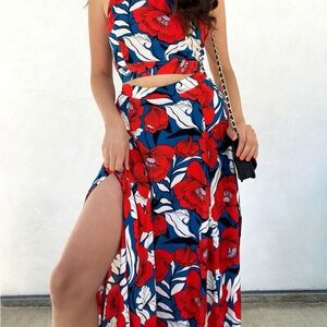 Lulus Double Slit Back to Your Roots Floral Red and Blue Maxi Skirt Woman’s XS